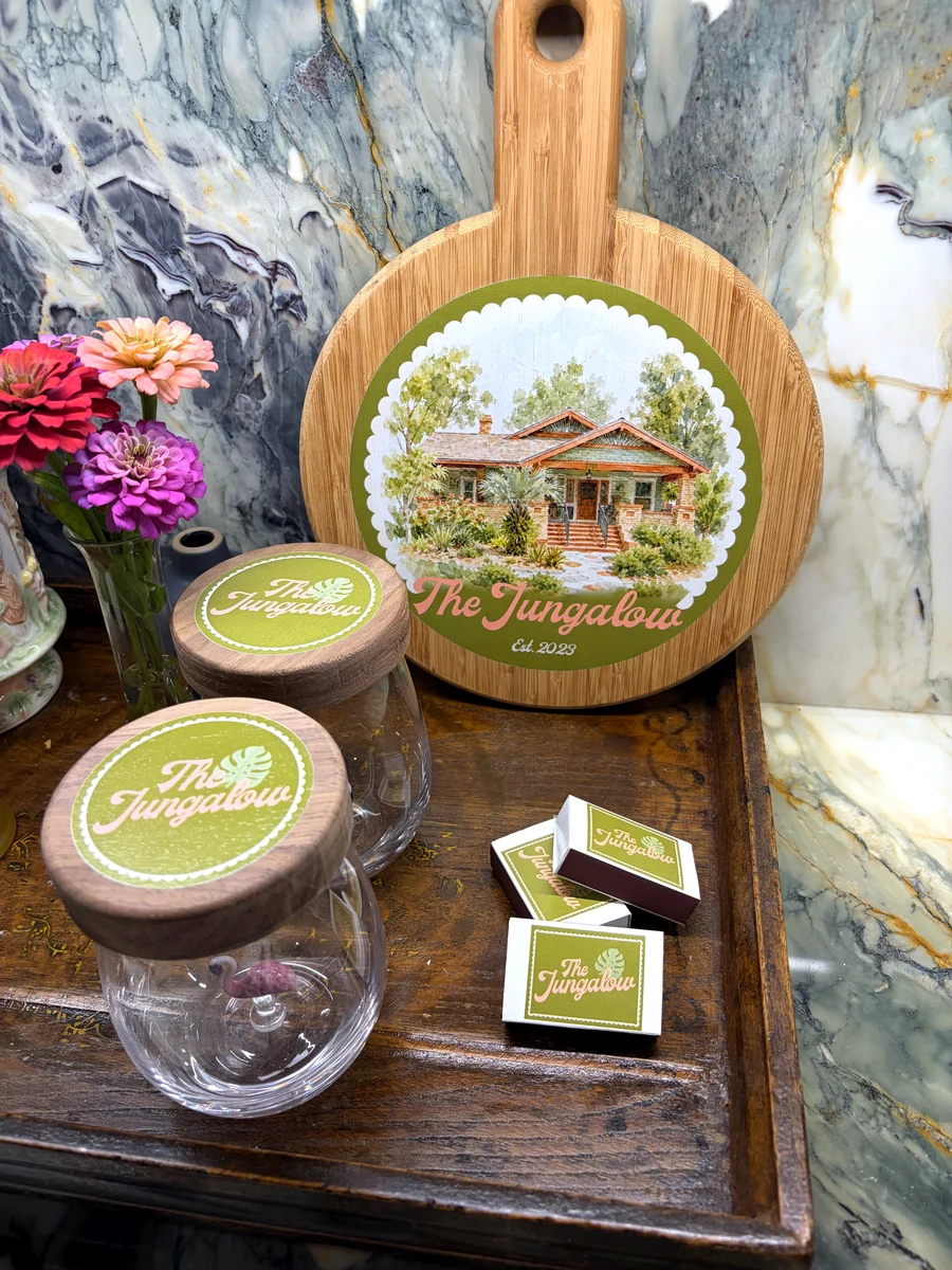 Printed cutting board, jars and gift boxes for a hospitality brand
